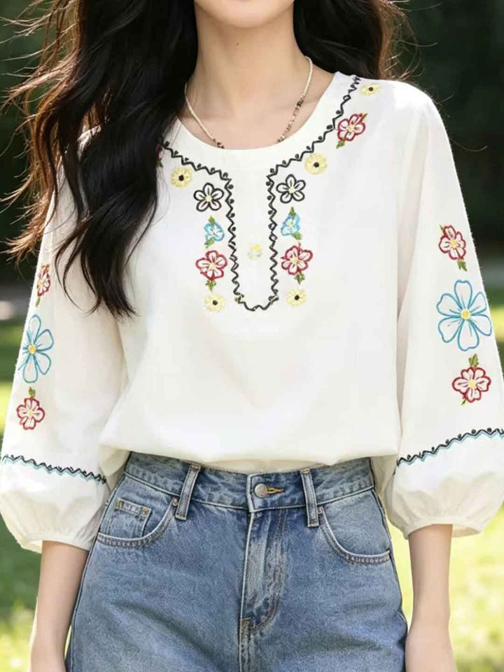 Madison Loose Crew Neck Latern Sleeve Embroidered Top