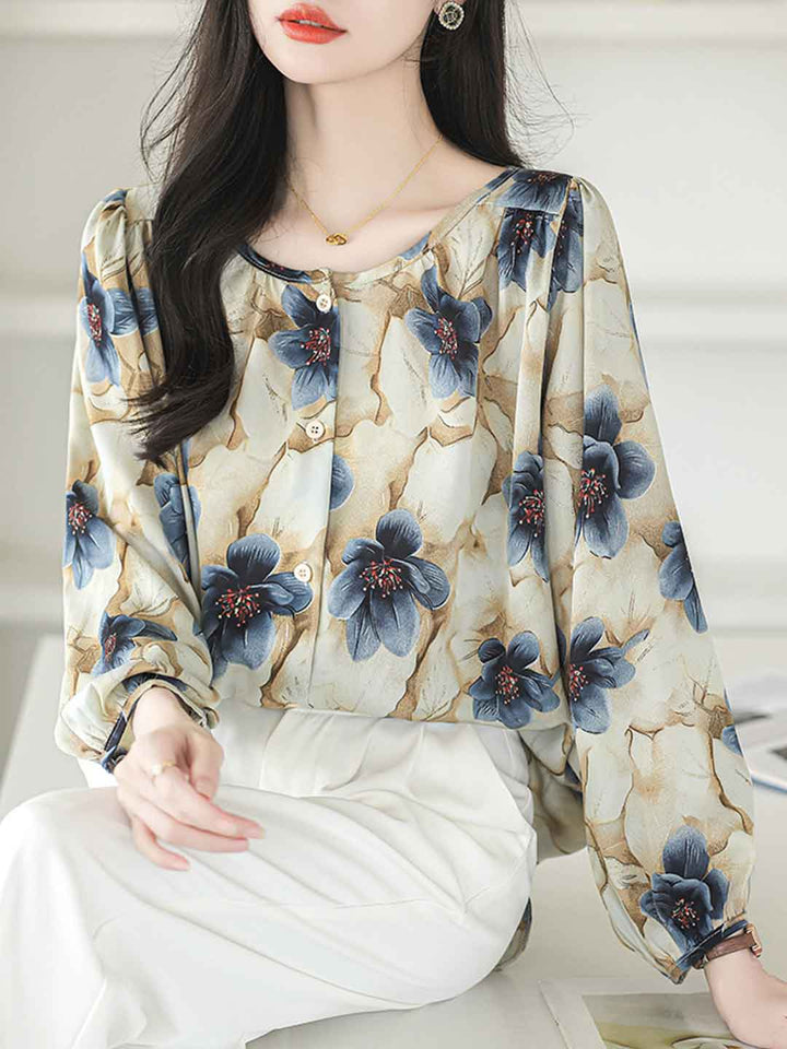 Evelyn Loose Crew Neck Printed Chiffon Top