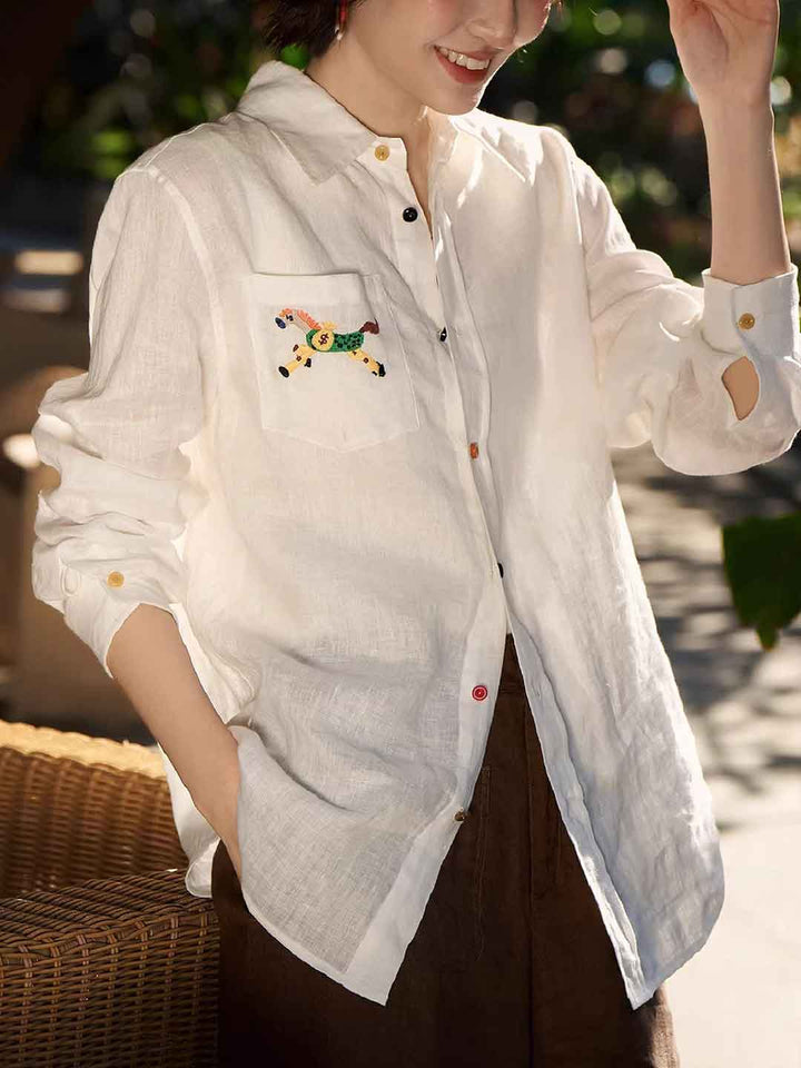 Ava Casual Lapel Embroidered Linen Shirt
