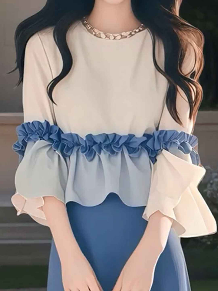 Julia Classic Crew Neck Ruffle Patchwork Top