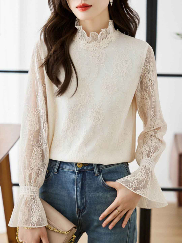 Ella Elegant Auricular Collar Lace Chiffon Top