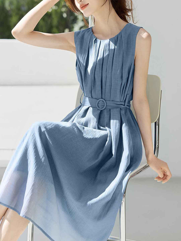 Gabriella Elegant Crew Neck Pleated Waisted Dress