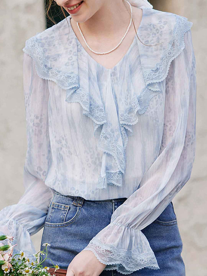 Madelyn Vintage V-Neck Ruffled Lace Blouse