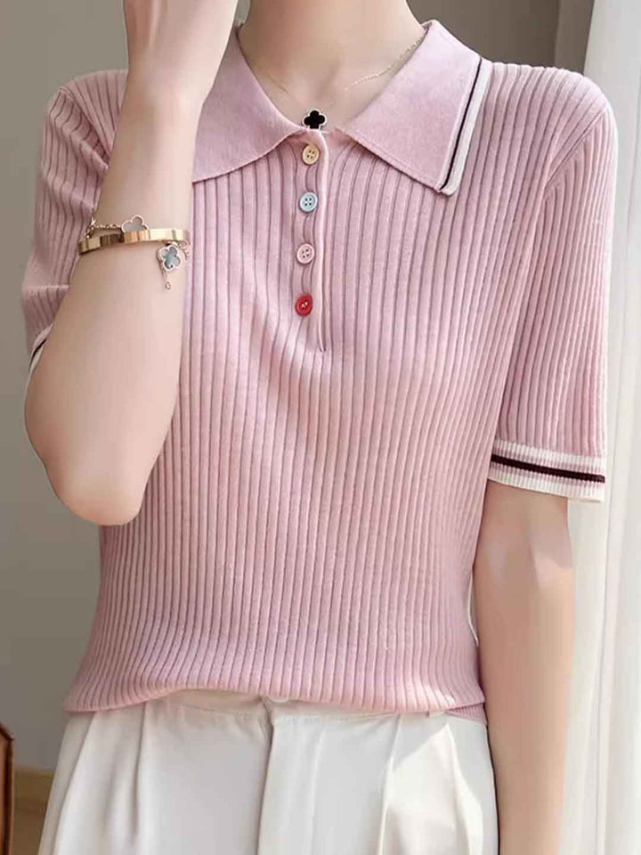 Leah Classic Lapel Colorful Button Knitted Top