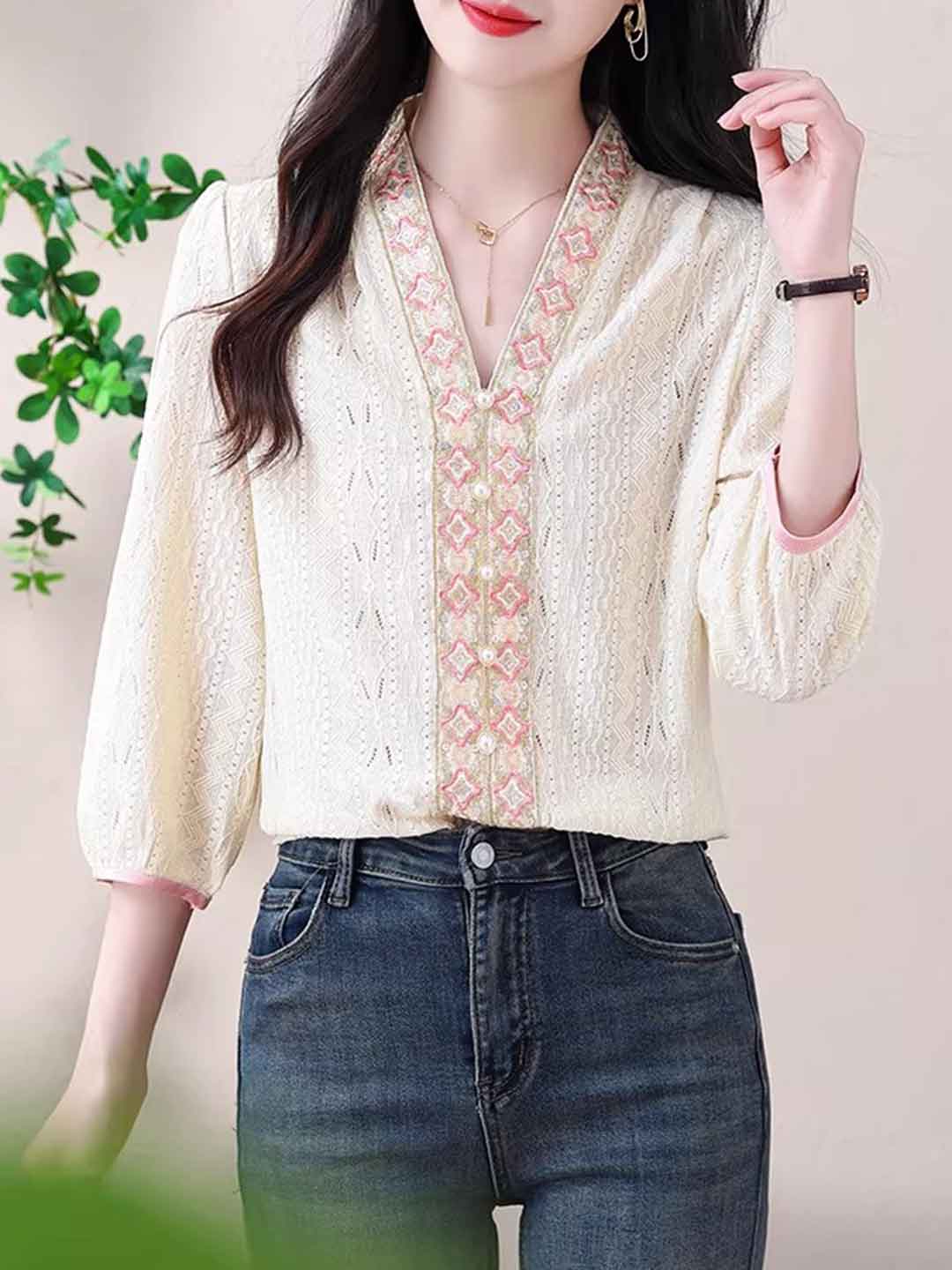 Evelyn Classic V-Neck Embroidered Blouse