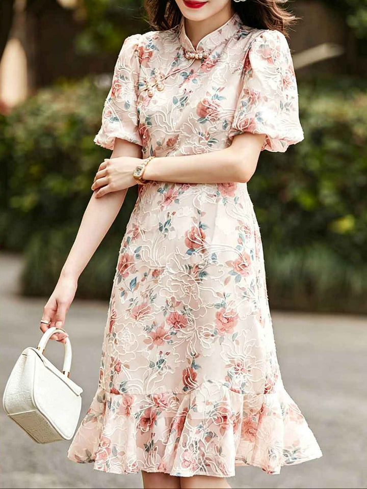 Emma Retro Puff Sleeve Embroidered Lace Dress