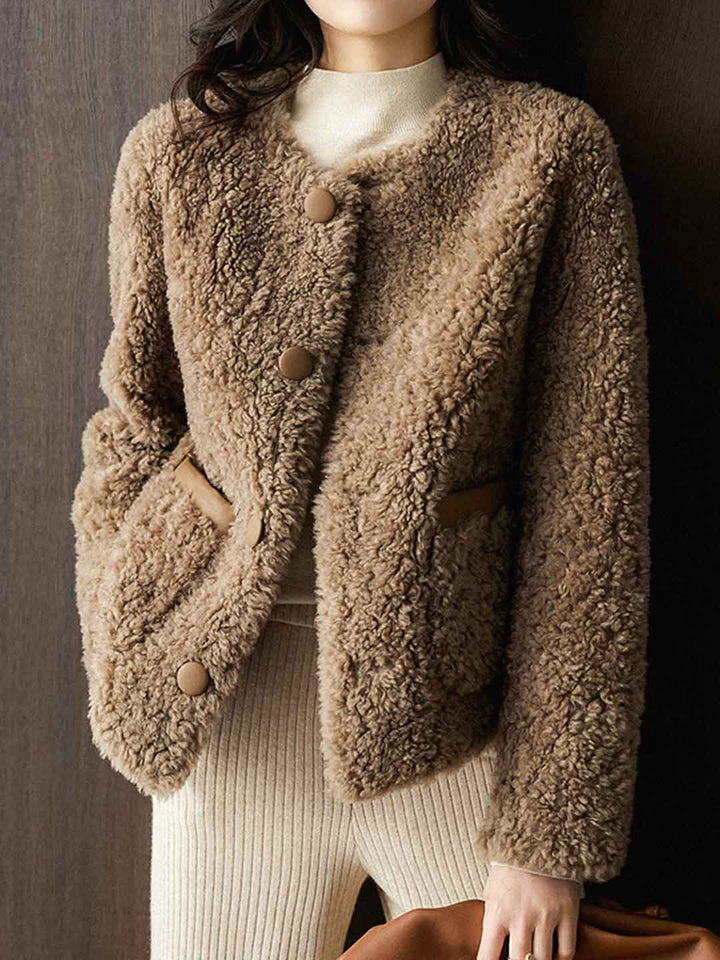 Riley Classic Crew Neck Solid Color Tweed Fleece Jacket