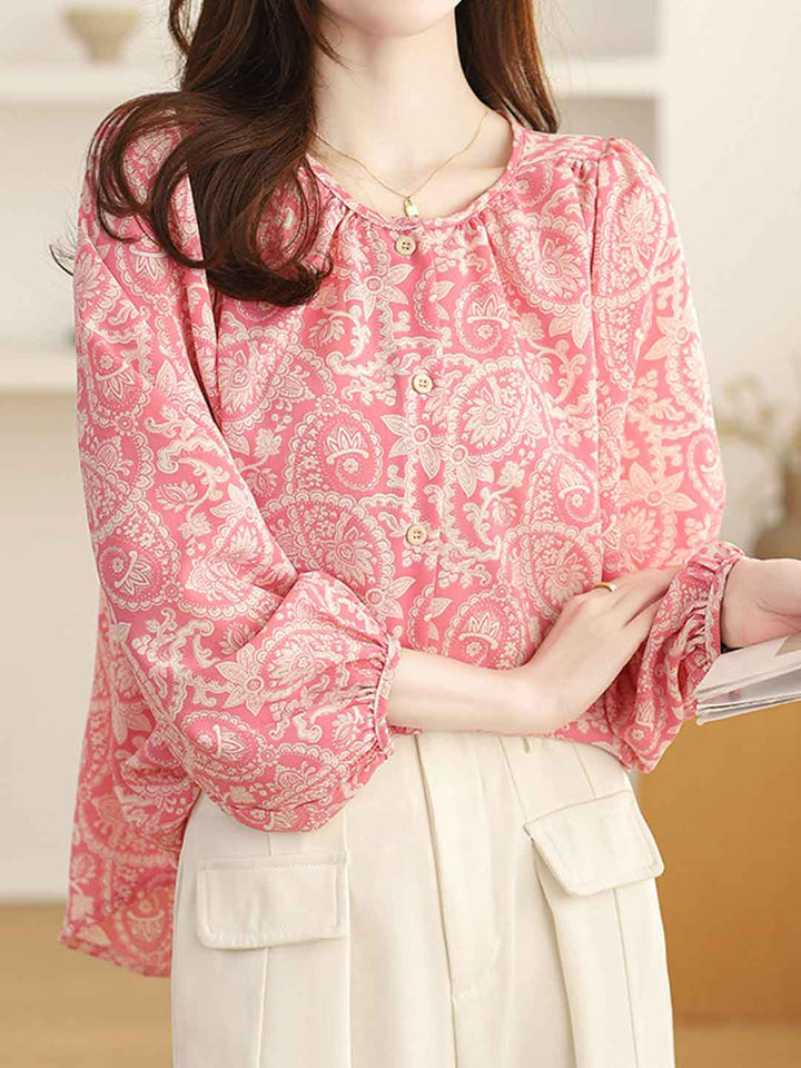 Olivia Loose Crew Neck Lantern Sleeve Floral Printed Top