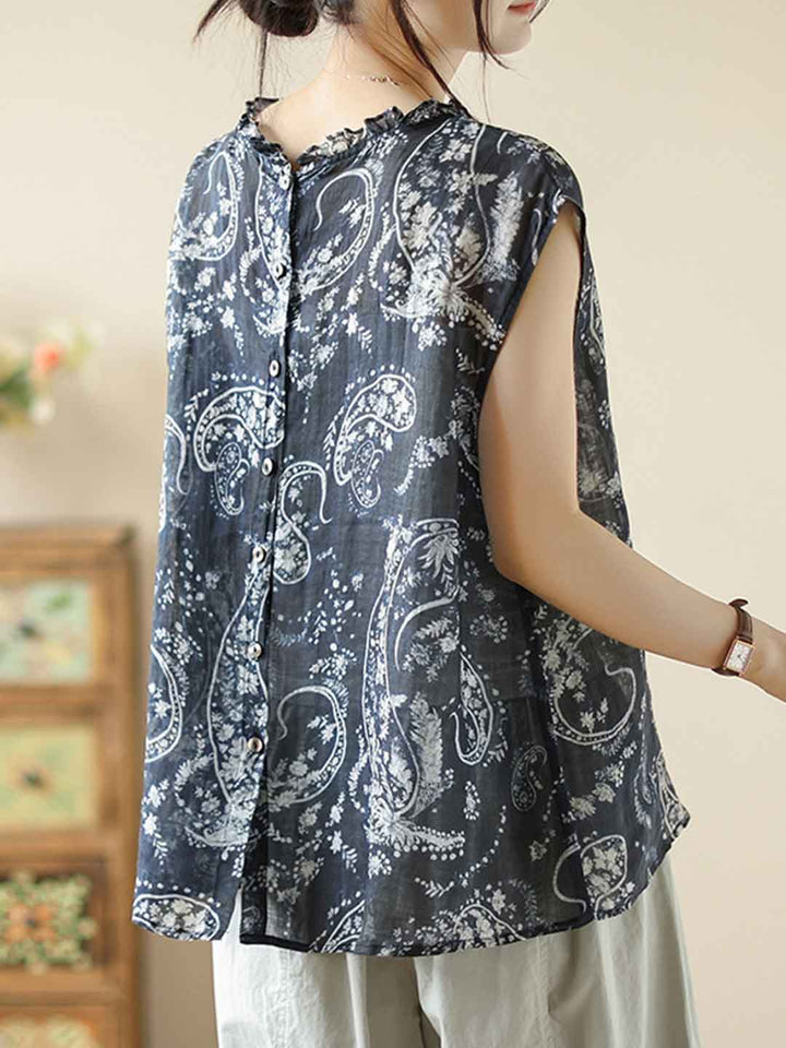Ava Casual Auricular Collar Printed Top