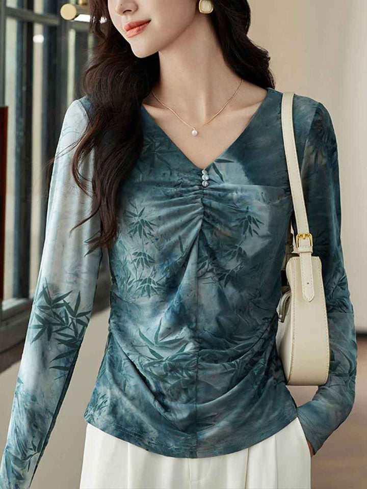 Alexis Classic V-Neck Printed Pleated Mesh Top