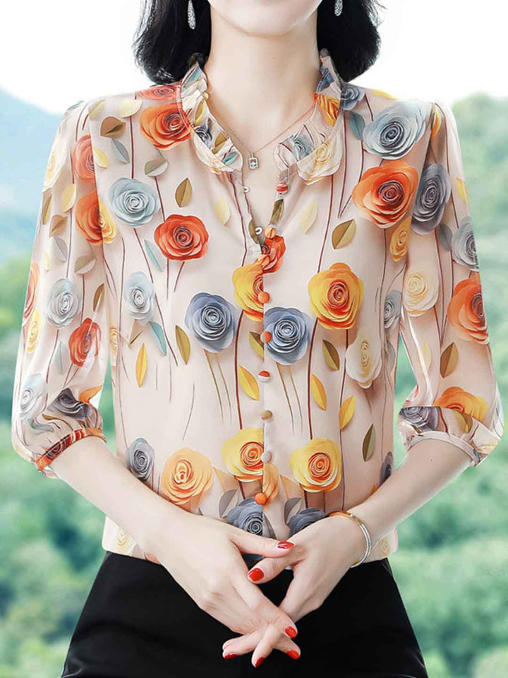 Ariana Loose V-Neck Lantern Sleeve Ruffle Collar Shirt