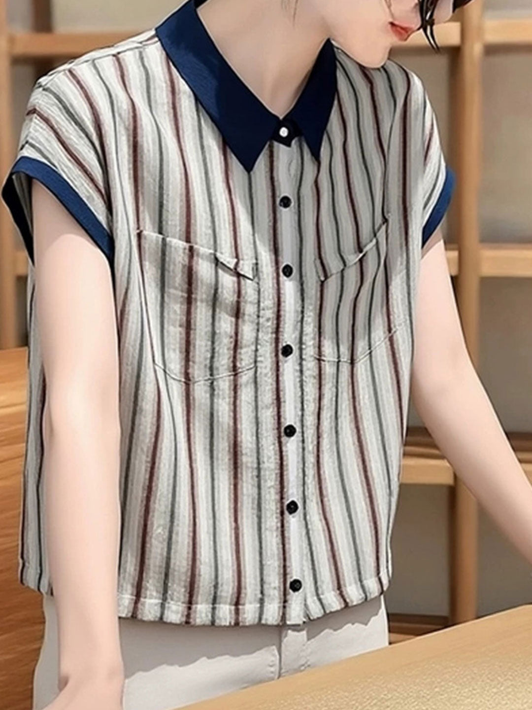 Natalie Casual Polo Collar Striped Shirt