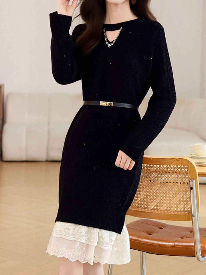 Kaylee Daily Crew Neck Patchwork Lace Knitted Dress