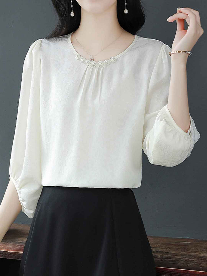 Rachel Elegant Crew Neck Beaded Satin Shirt
