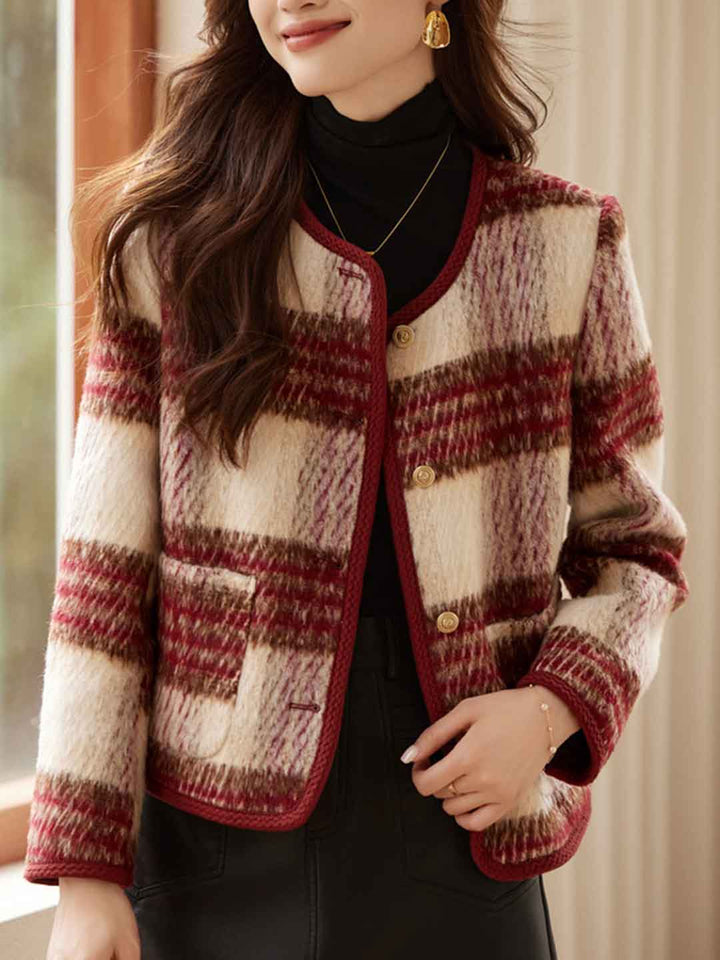 Lily Retro Crew Neck Plaid Tweed Coat