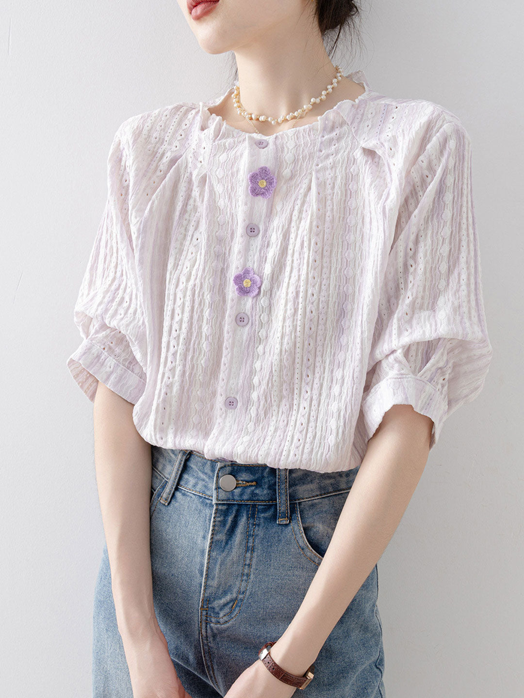 Sarah Loose Crew Neck Floral Solid Color Top