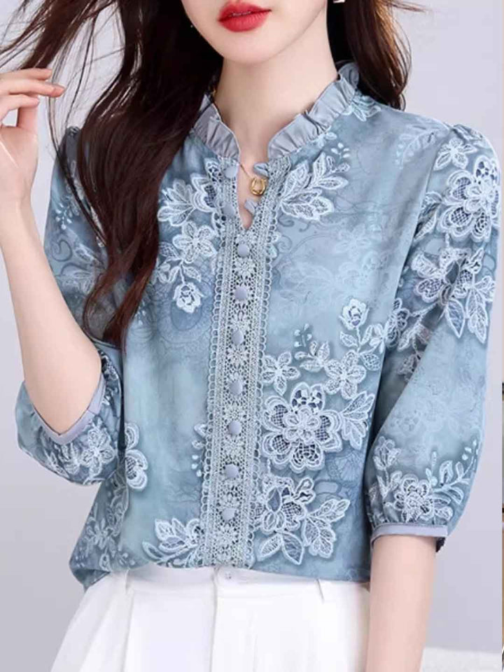 Taylor Classic Auricular Collar Printed Chiffon Top