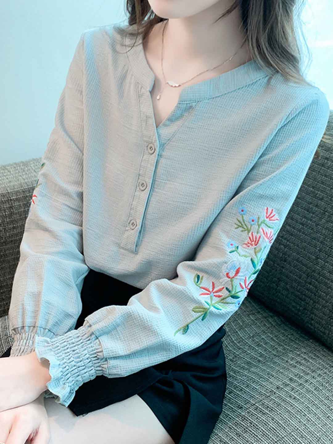 Abigail Classic V-Neck Lantern Sleeve Embroidered Top