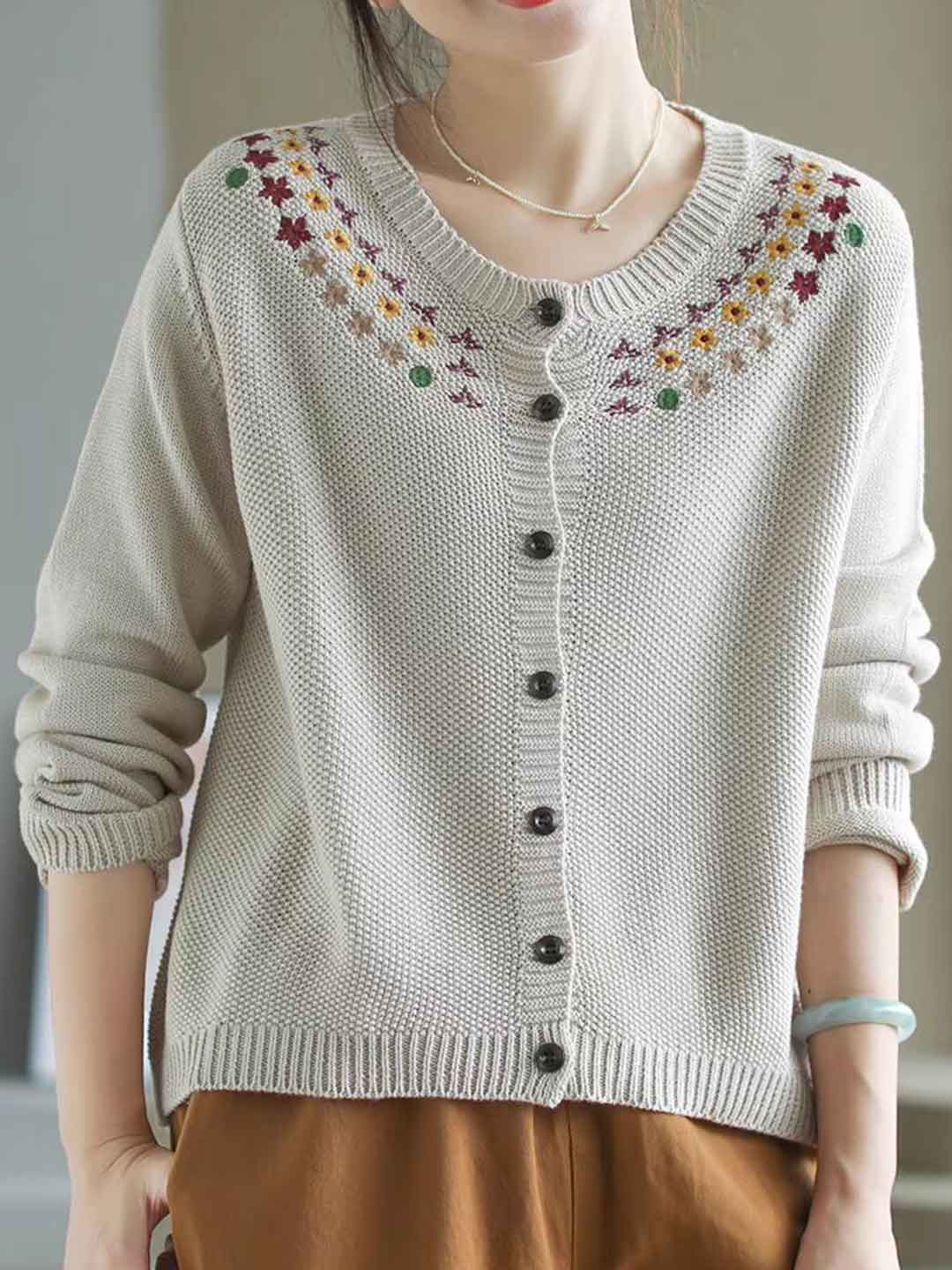 Sofia Casual Crew Neck Embroidered Knitted Cardigan