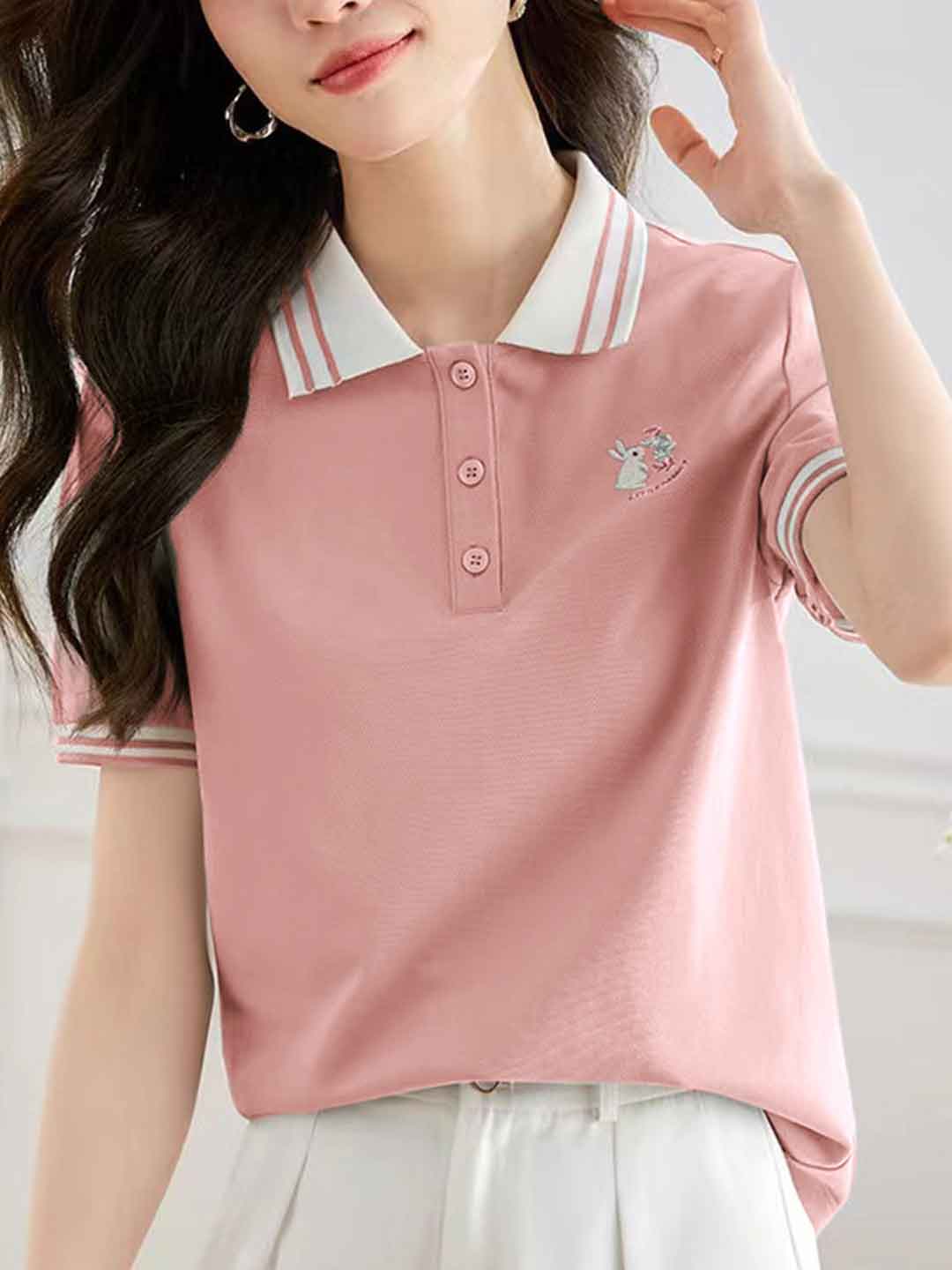 Claire Casual Polo Collar Solid Color Embroidered Top