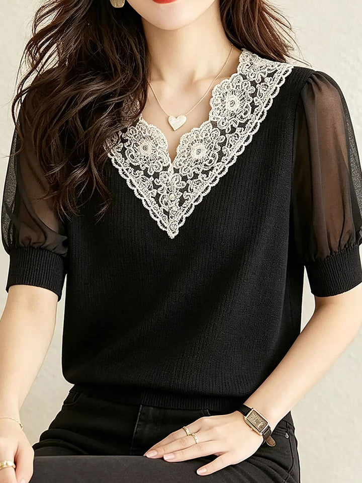 Zoey Casual V-Neck Lace Trimmed Top