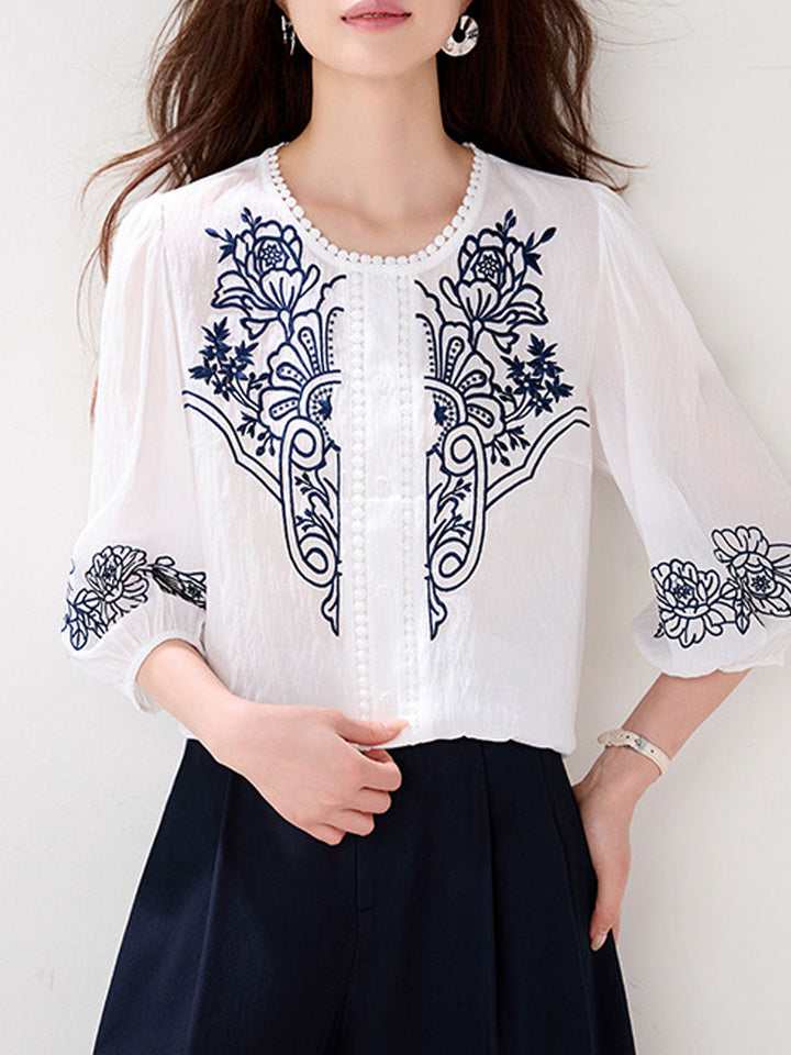 Elizabeth Retro Crew Neck Embroidered Linen Blouse