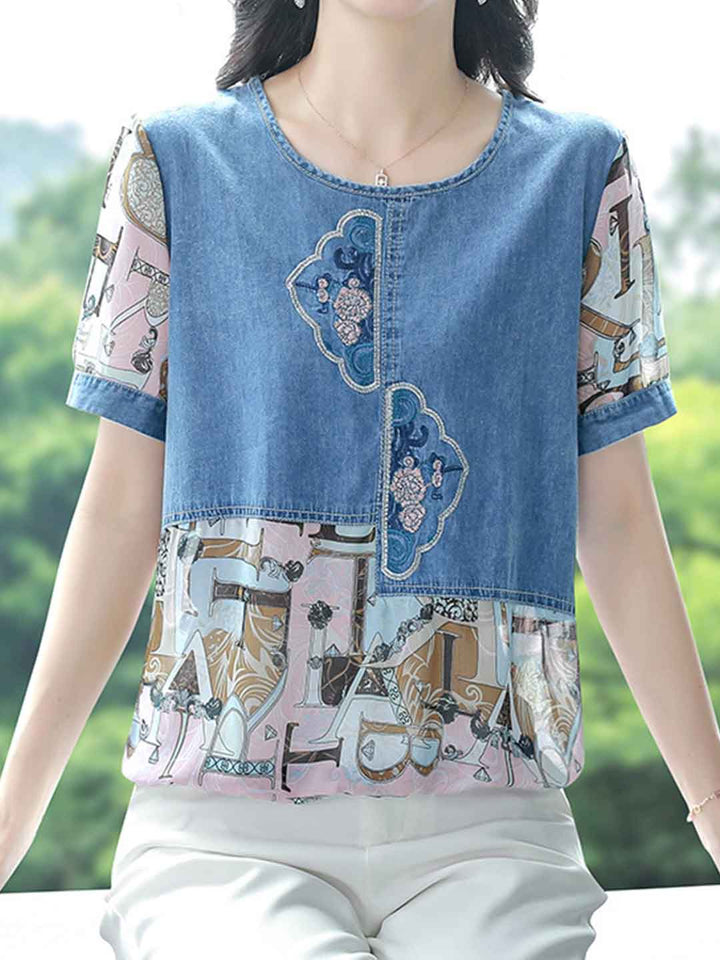 Olivia Loose Crew Neck Embroidered Denim Patchwork Top