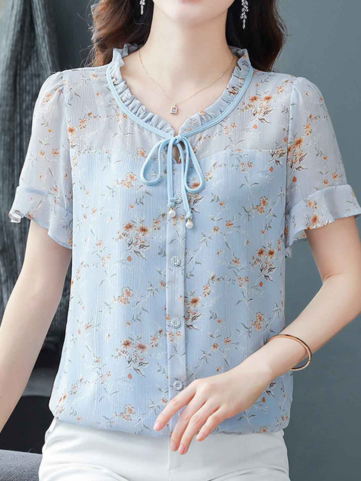 Serenity Loose V-Neck Printed Chiffon Top