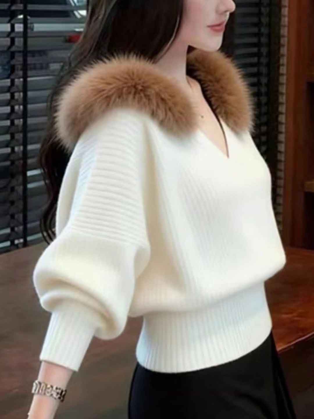 Mia Loose V-Neck Patchwork Knitted Sweater