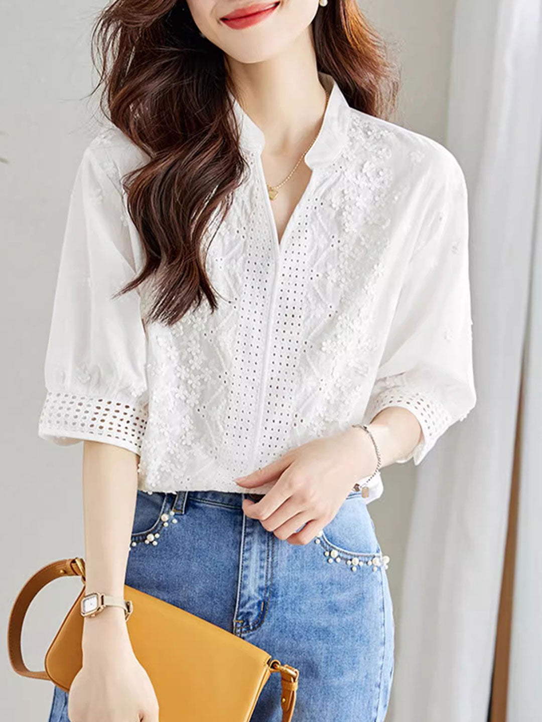 Brooke Classic V-Neck Puff Sleeve Hollowed Top