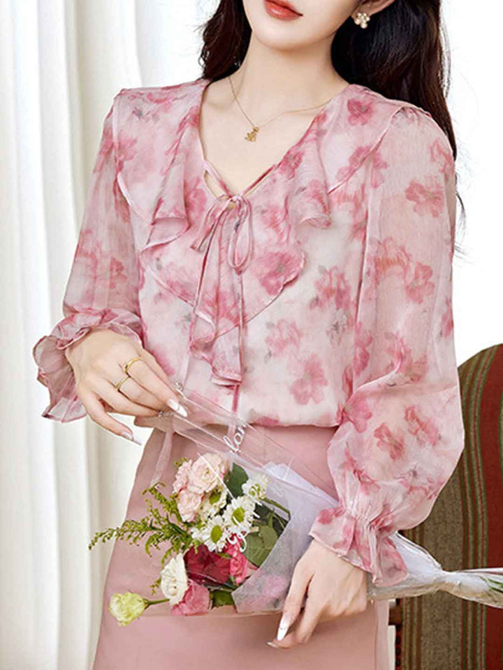 Avery Elegant V-Neck Flared Sleeve Printed Top