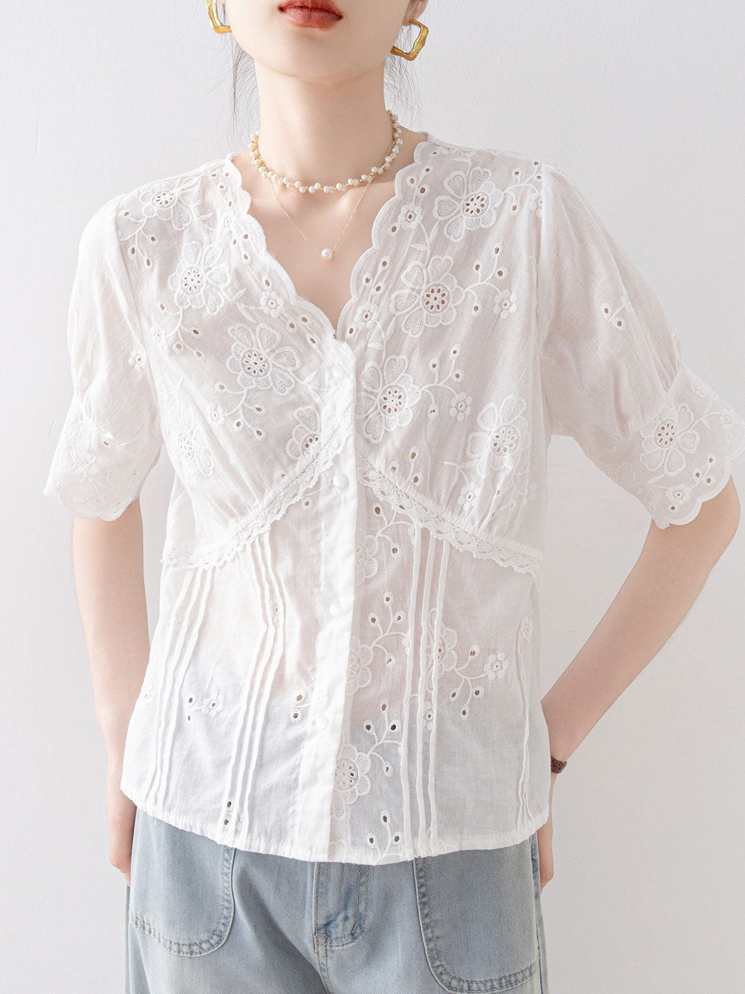 Avery Daily V-Neck Puff Sleeve Hollowed Blouse