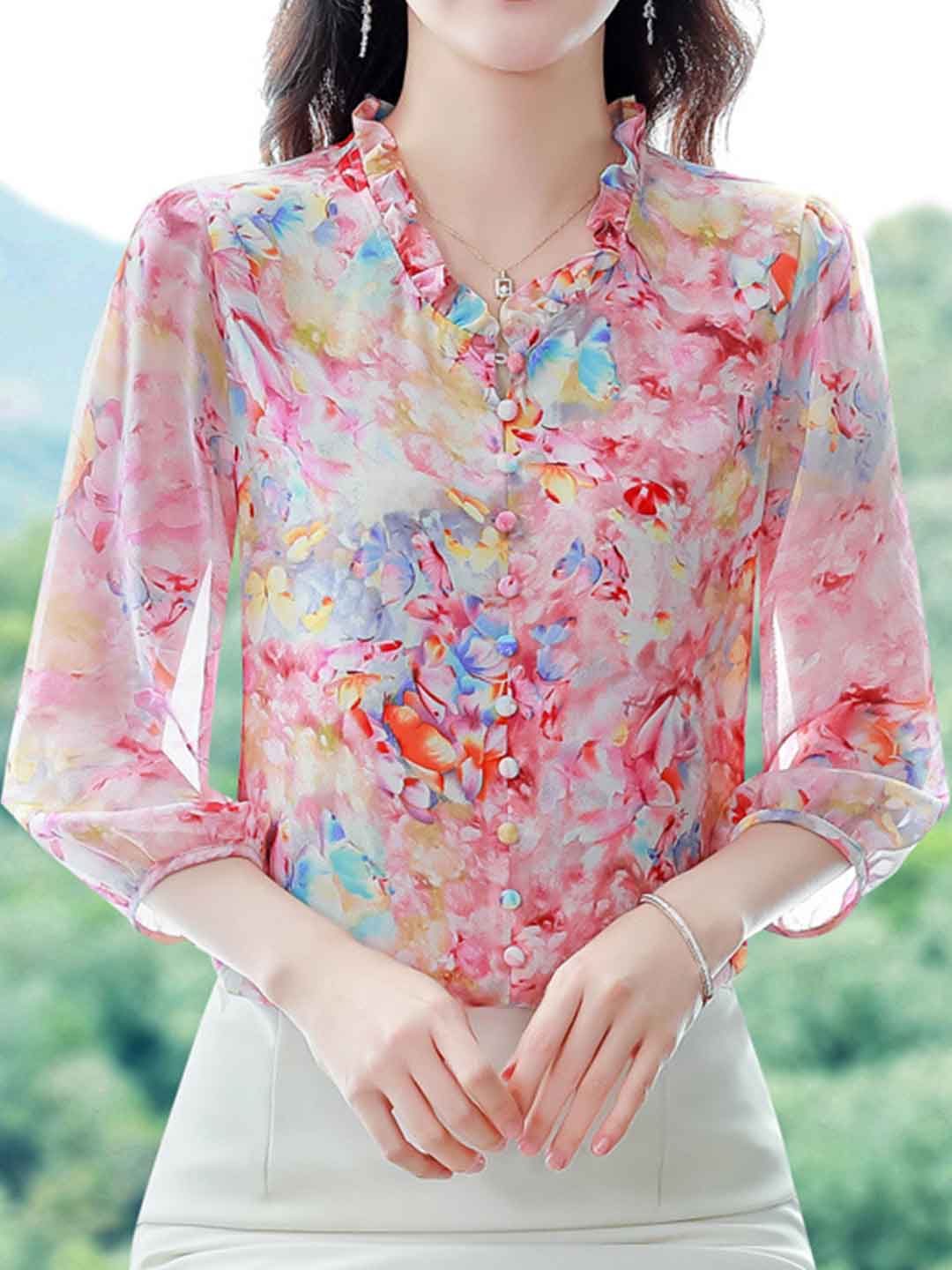 Ariana Vacation V-Neck Auricular Printed Chiffon Top-Yellow