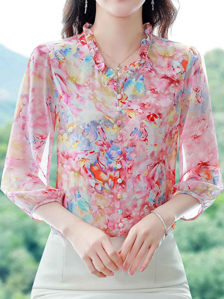 Ariana Vacation V-Neck Auricular Printed Chiffon Top-Yellow