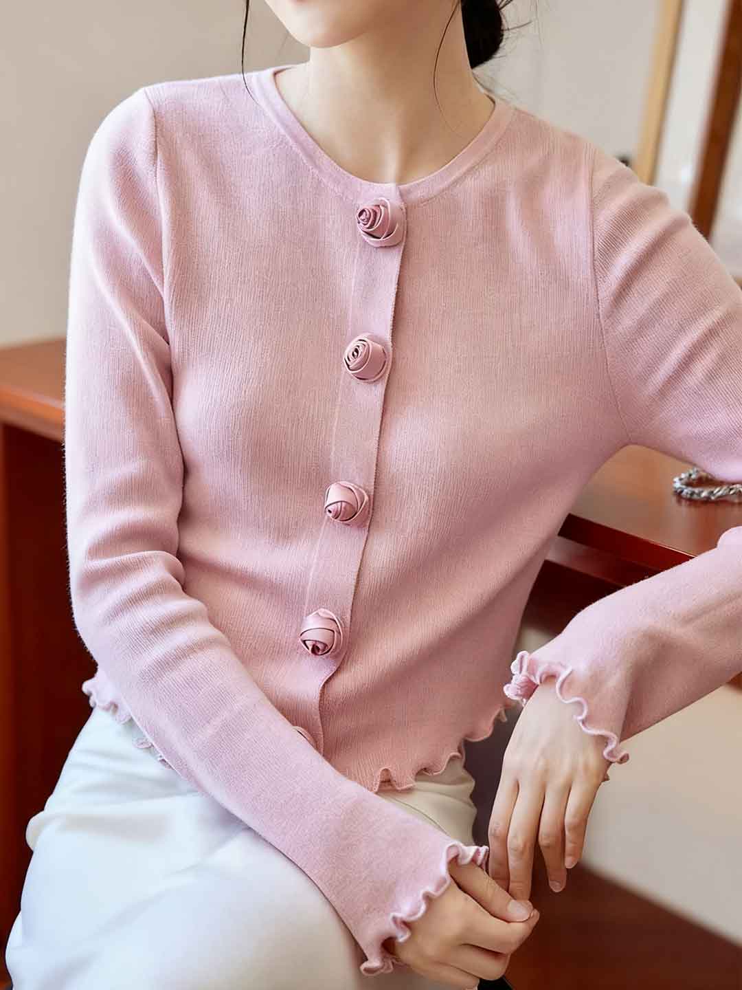 Bella Elegant Crew Neck Auricular Sleeve Knitted Cardigan