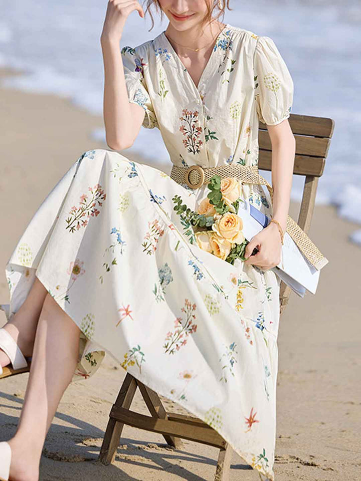 Brianna Vacation V-Neck Tie Floral Printed Dress