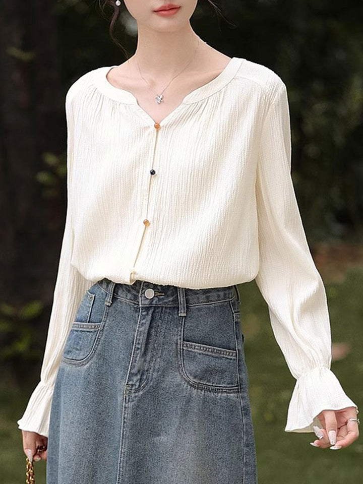 Olivia Loose V-Neck Lantern Sleeve Pleated Textured Top