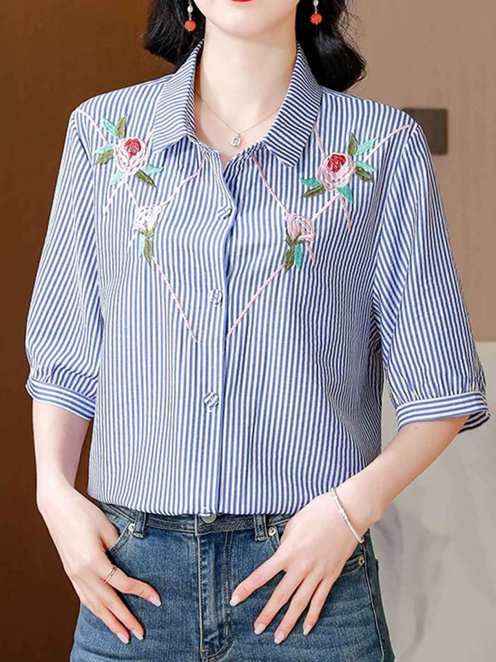 Nevaeh Loose Lapel Embroidered Striped Shirt