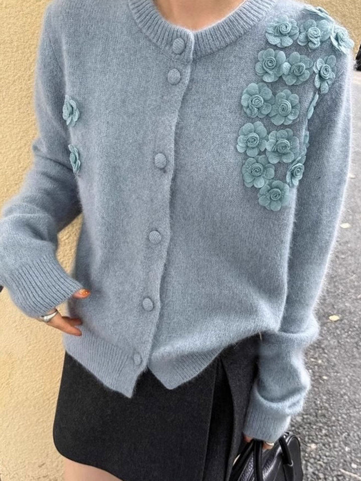 Aubrey Classic Crew Neck Flower Knitted Cardigan