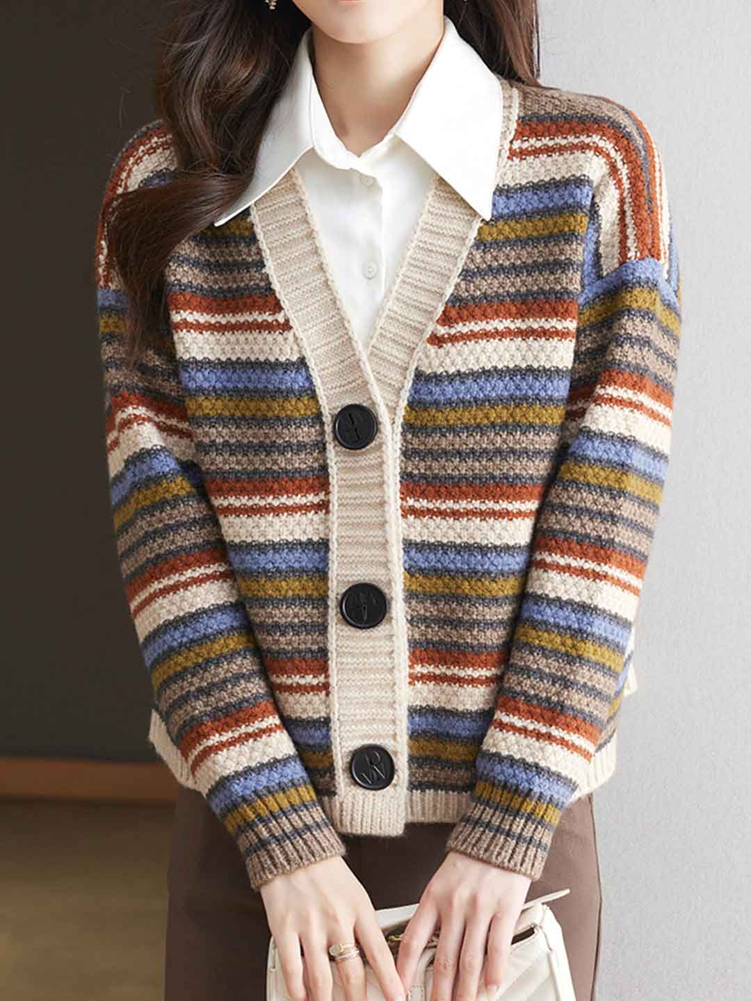 Sarah Classic V-Neck Striped Knitted Cardigan