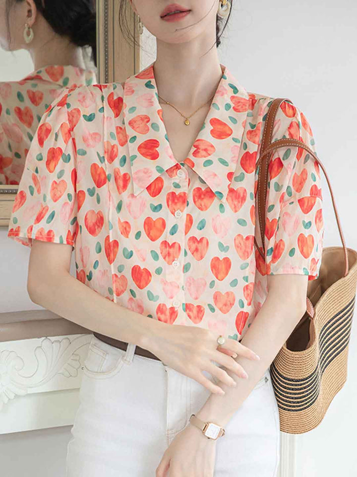 Camila Retro Polo Neck Puff Sleeve Floral Top