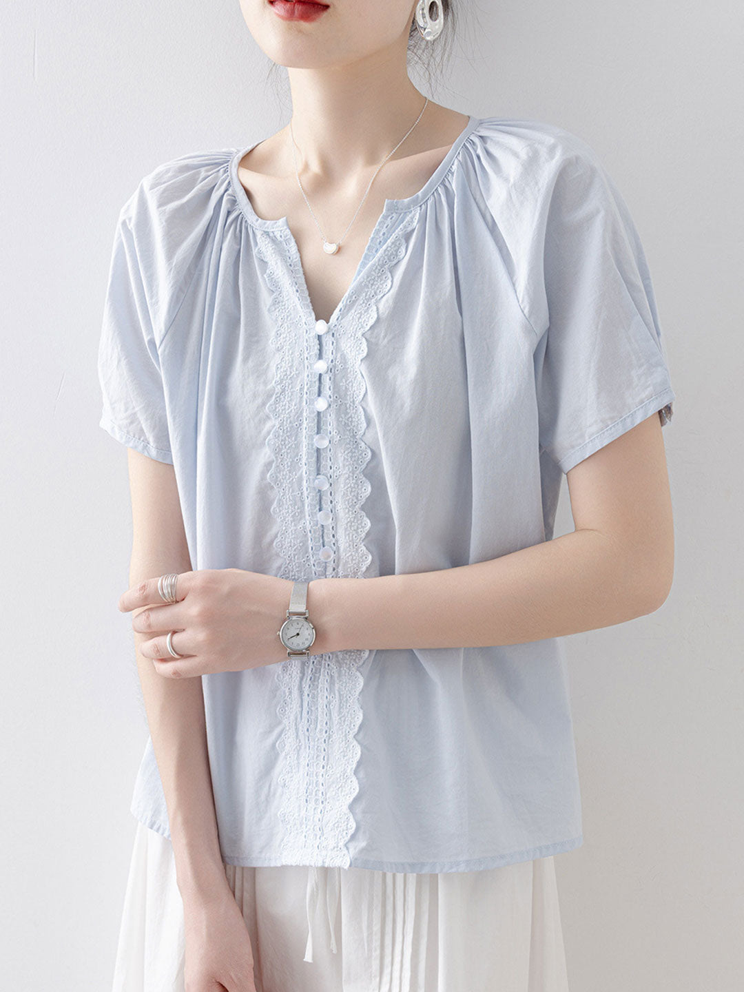 Leah Loose V-Neck Puff Sleeve Lace Blouse