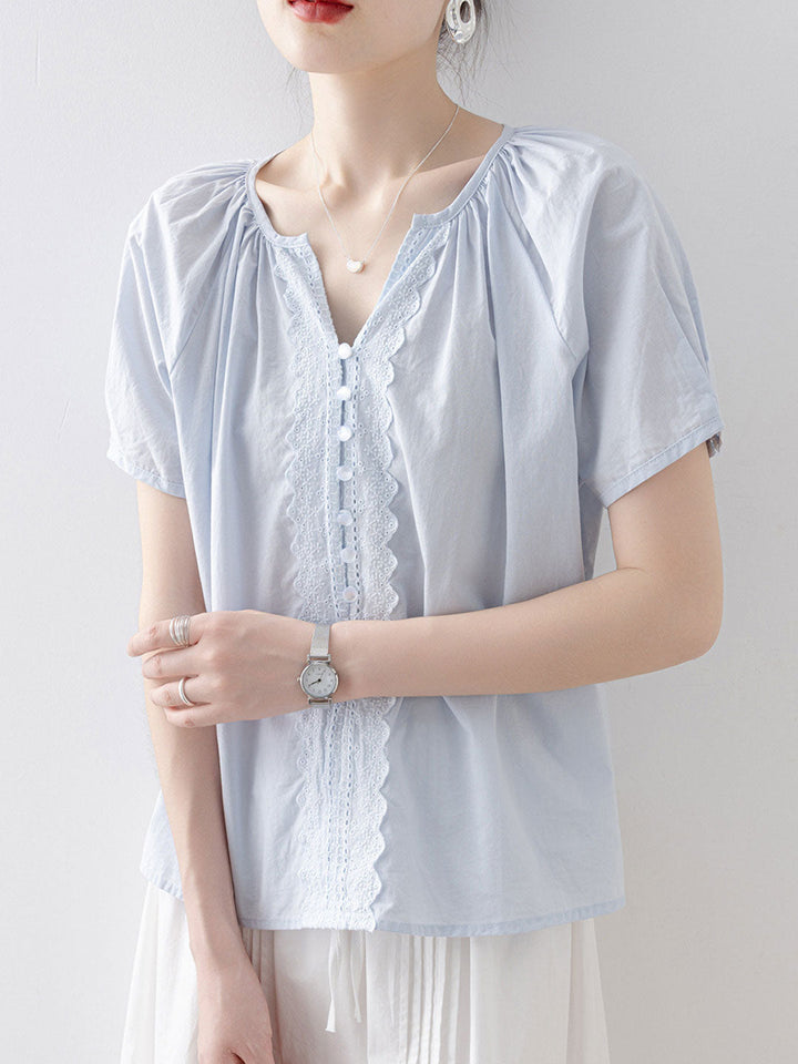 Leah Loose V-Neck Puff Sleeve Lace Blouse
