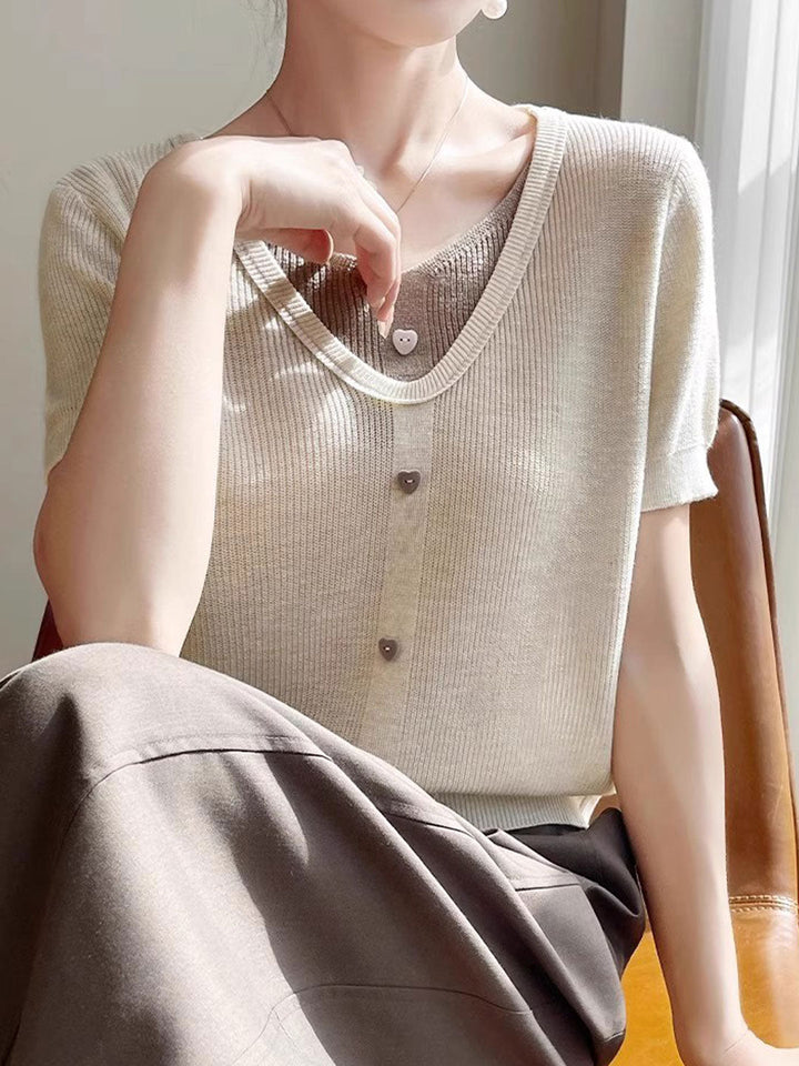 Angelina Casual V-neck Patchwork Knitted Top