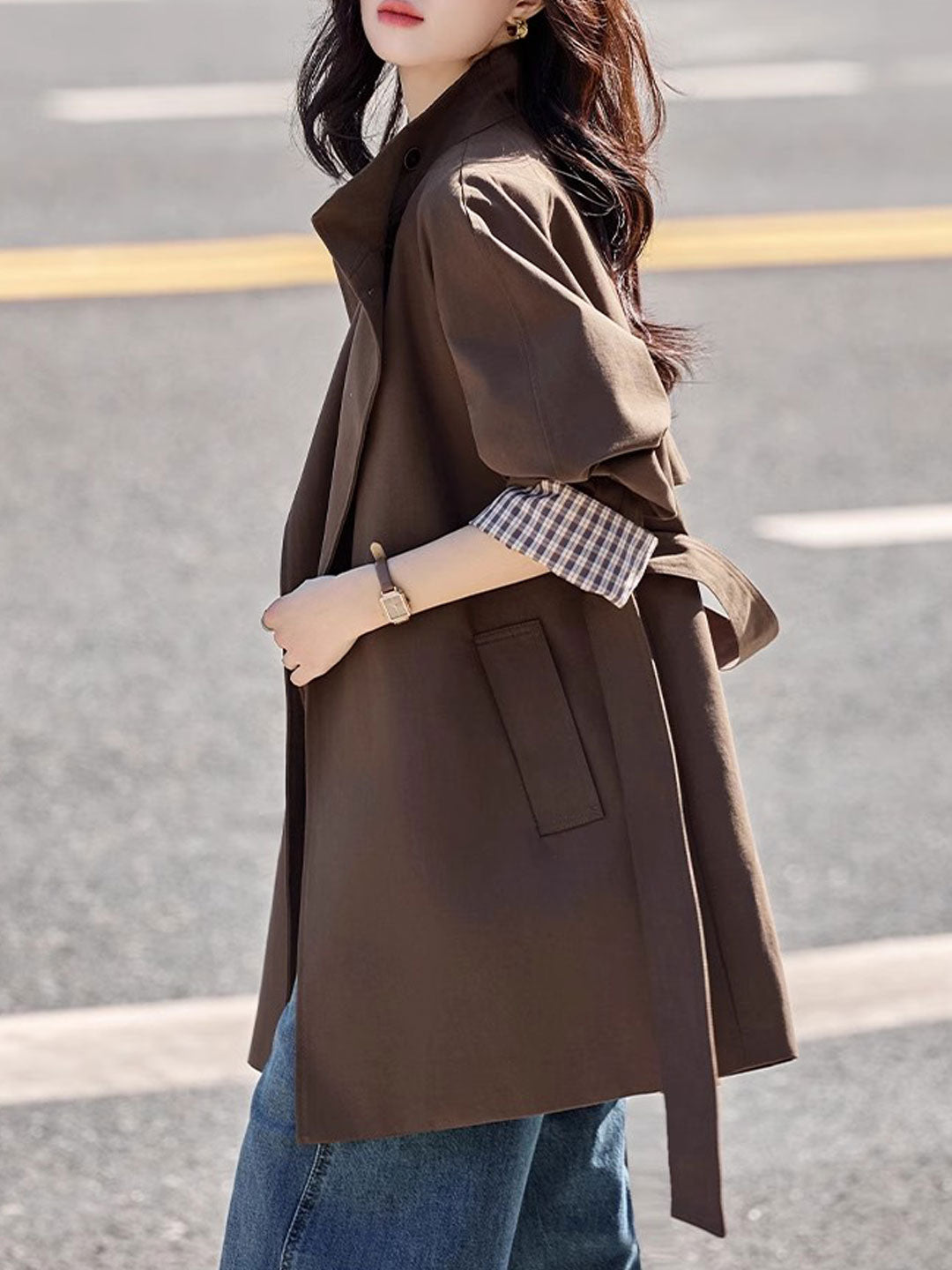 Emily Daily Suit Collar Belted Solid Color Trench Coat