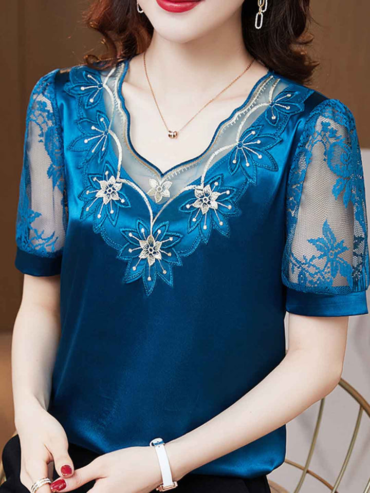 Peyton Classic V-Neck Satin Lace Chiffon Top