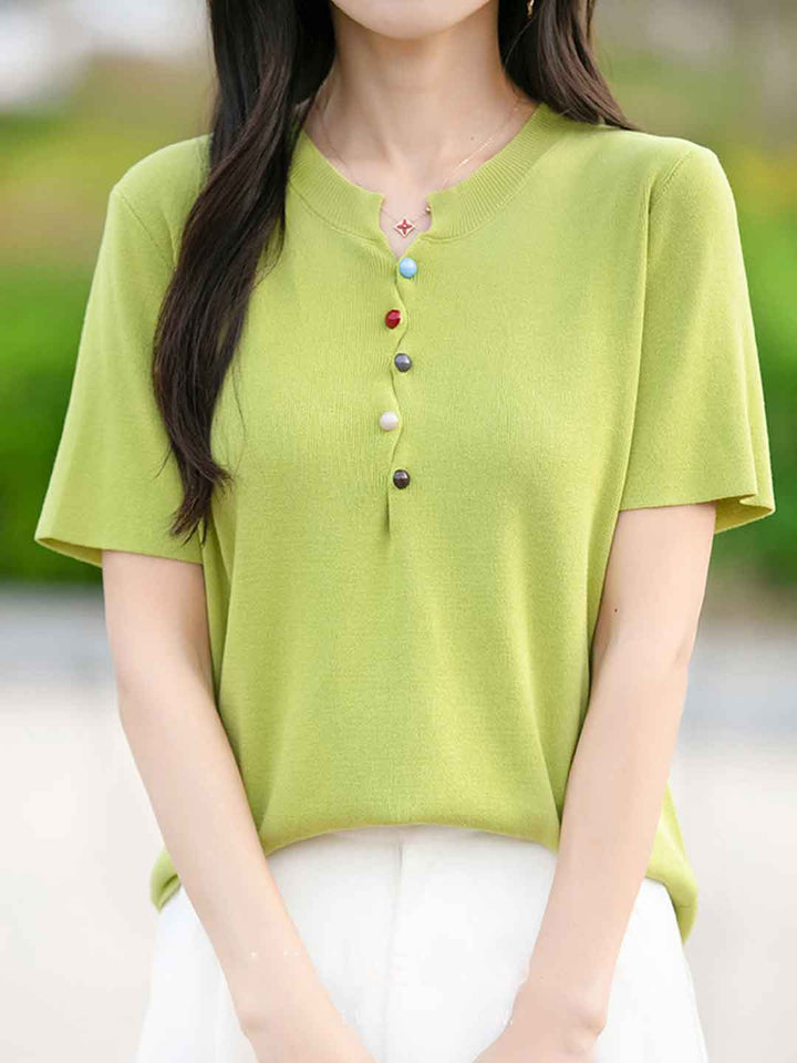 Khloe Classic Crew Neck Colorful Buttons Knitted Top-Blue