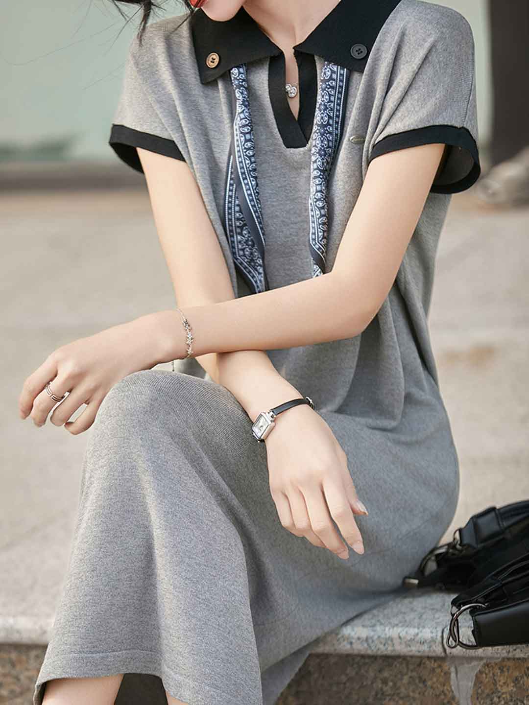 Julia Daily Lapel Scarf Color-Blocked Dress