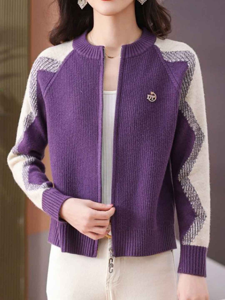 Paige Loose Crew Neck Colorblock Knitted Cardigan-Green