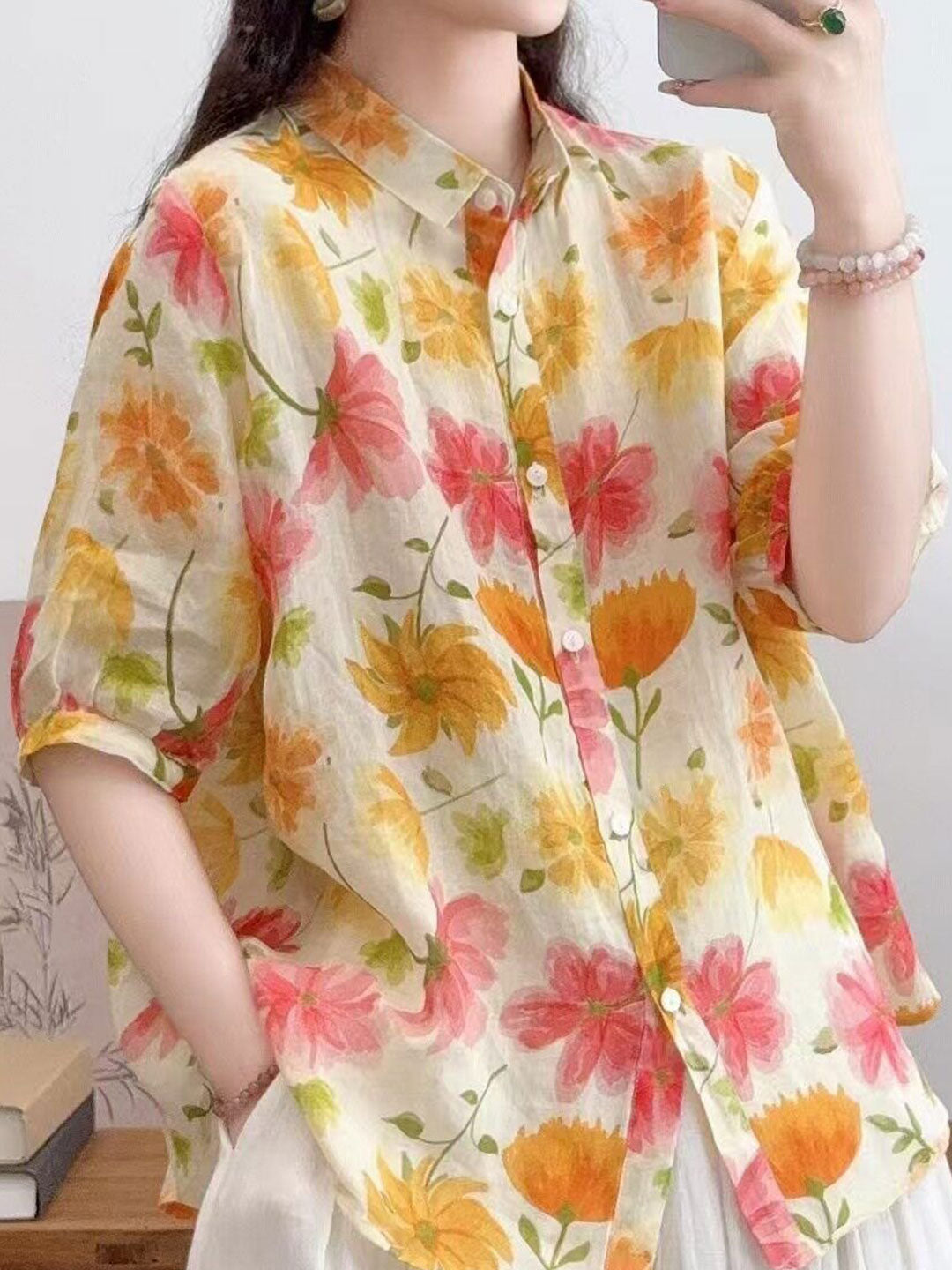 Sarah Loose Laple Floral Printed Shirt